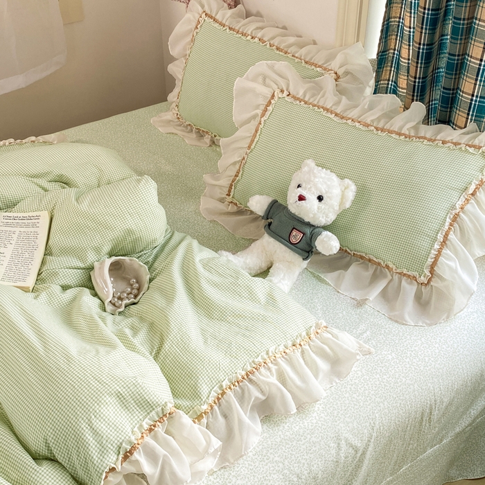 91家纺网 家纺一手货源 找家纺 艺玲家纺 2026新款奶油风韩式云朵棉花边四件套 奶油-绿