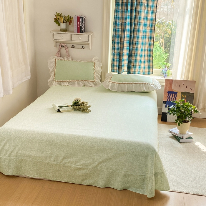 91家纺网 家纺一手货源 找家纺 艺玲家纺 2026新款奶油风韩式云朵棉花边四件套 奶油-绿