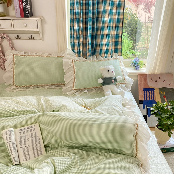 91家纺网 家纺一手货源 找家纺 艺玲家纺 2026新款奶油风韩式云朵棉花边四件套 奶油-绿