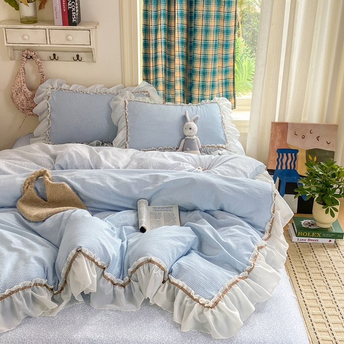 91家纺网 家纺一手货源 找家纺 艺玲家纺 2026新款奶油风韩式云朵棉花边四件套 奶油-蓝