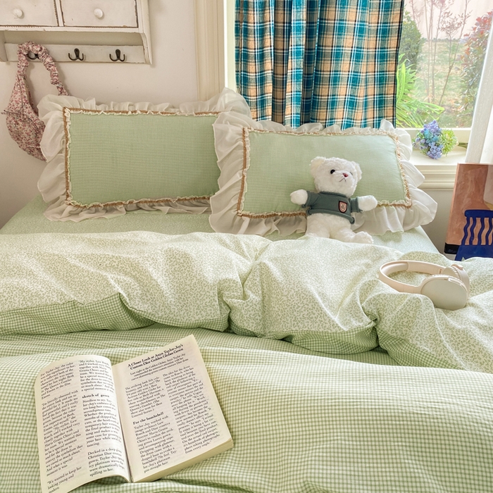 91家纺网 家纺一手货源 找家纺 艺玲家纺 2026新款奶油风韩式云朵棉花边四件套 奶油-绿