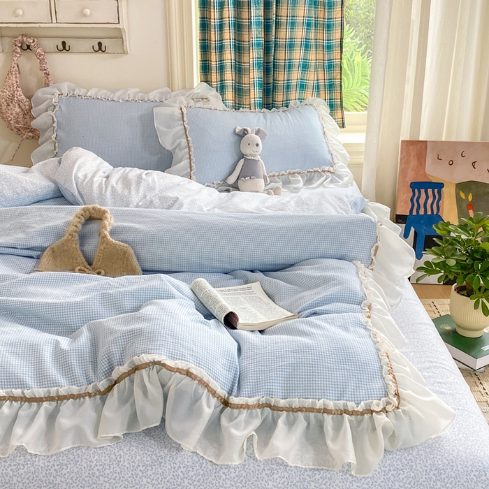 91家纺网 家纺一手货源 找家纺 艺玲家纺 2026新款奶油风韩式云朵棉花边四件套 奶油-蓝