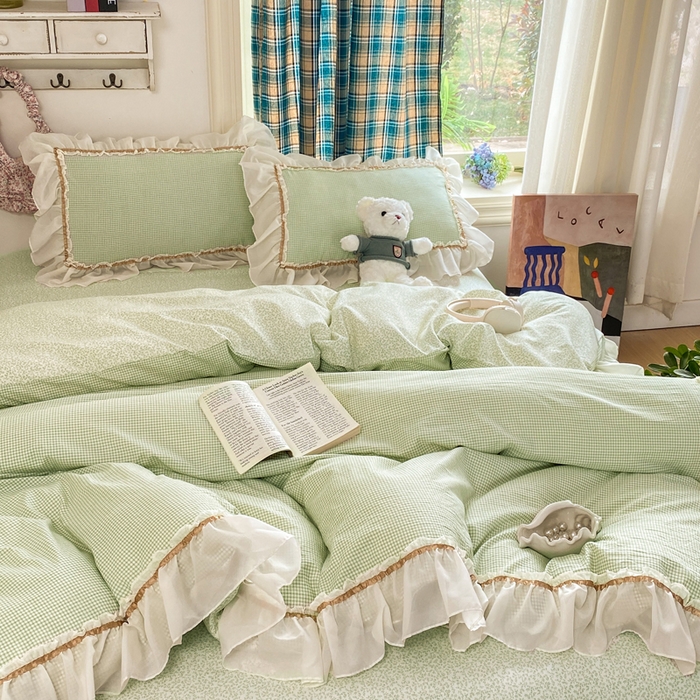 91家纺网 家纺一手货源 找家纺 艺玲家纺 2026新款奶油风韩式云朵棉花边四件套 奶油-绿