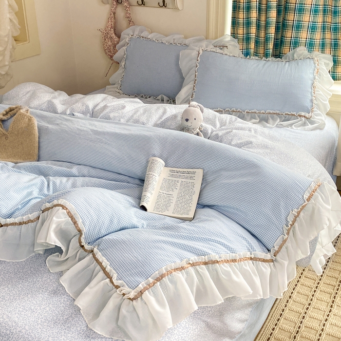 91家纺网 家纺一手货源 找家纺 艺玲家纺 2026新款奶油风韩式云朵棉花边四件套 奶油-蓝