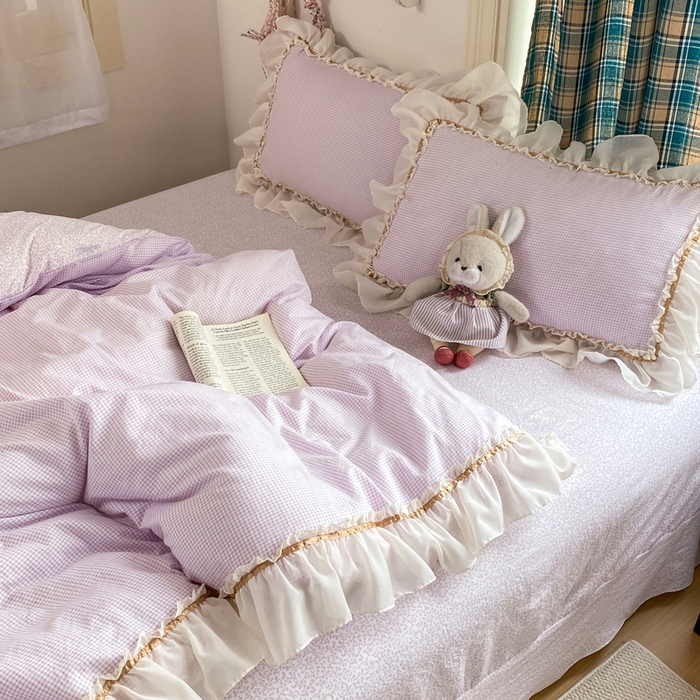 91家纺网 家纺一手货源 找家纺 艺玲家纺 2026新款奶油风韩式云朵棉花边四件套 奶油-紫