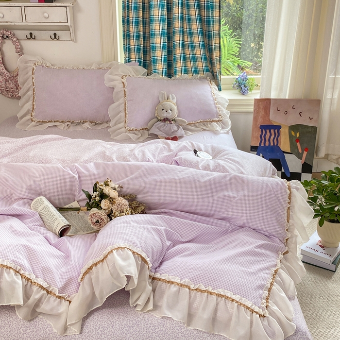 91家纺网 家纺一手货源 找家纺 艺玲家纺 2026新款奶油风韩式云朵棉花边四件套 奶油-紫