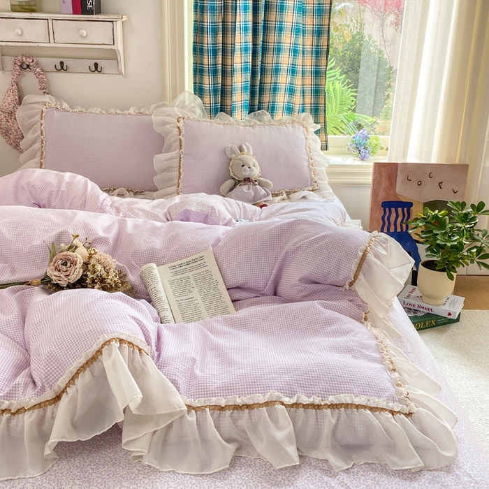 91家纺网 家纺一手货源 找家纺 艺玲家纺 2026新款奶油风韩式云朵棉花边四件套 奶油-紫