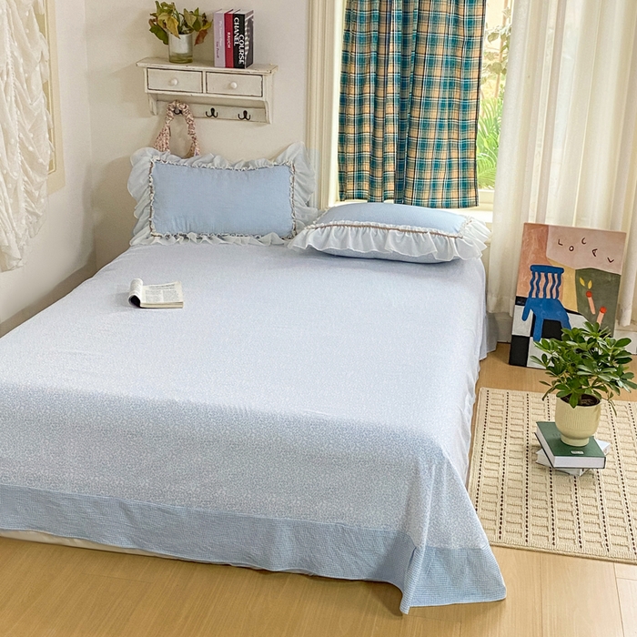 91家纺网 家纺一手货源 找家纺 艺玲家纺 2026新款奶油风韩式云朵棉花边四件套 奶油-蓝