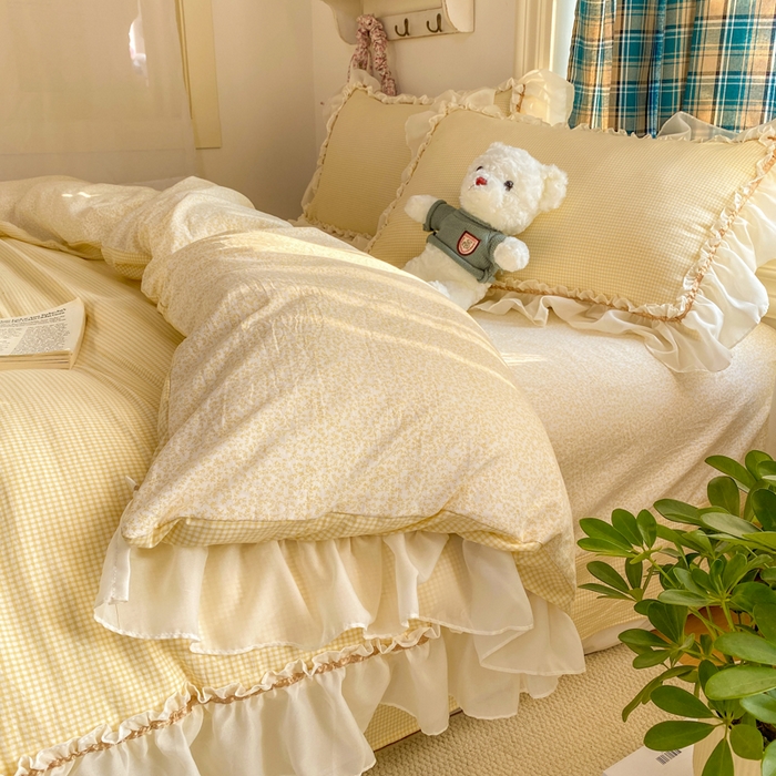 91家纺网 家纺一手货源 找家纺 艺玲家纺 2026新款奶油风韩式云朵棉花边四件套 奶油-黄