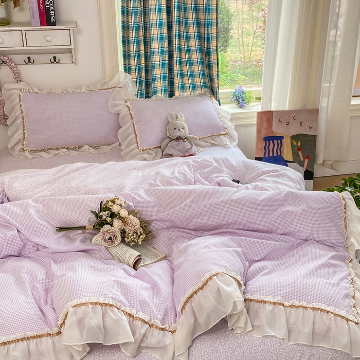 91家纺网 家纺一手货源 找家纺 艺玲家纺 2026新款奶油风韩式云朵棉花边四件套 奶油-紫