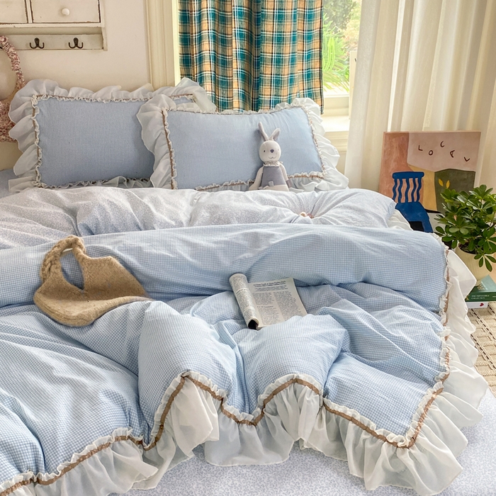 91家纺网 家纺一手货源 找家纺 艺玲家纺 2026新款奶油风韩式云朵棉花边四件套 奶油-蓝