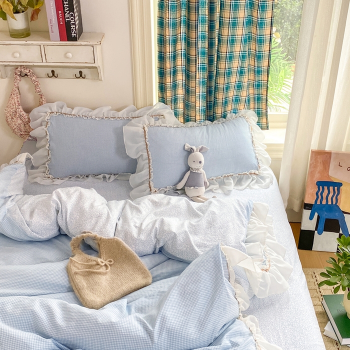 91家纺网 家纺一手货源 找家纺 艺玲家纺 2026新款奶油风韩式云朵棉花边四件套 奶油-蓝