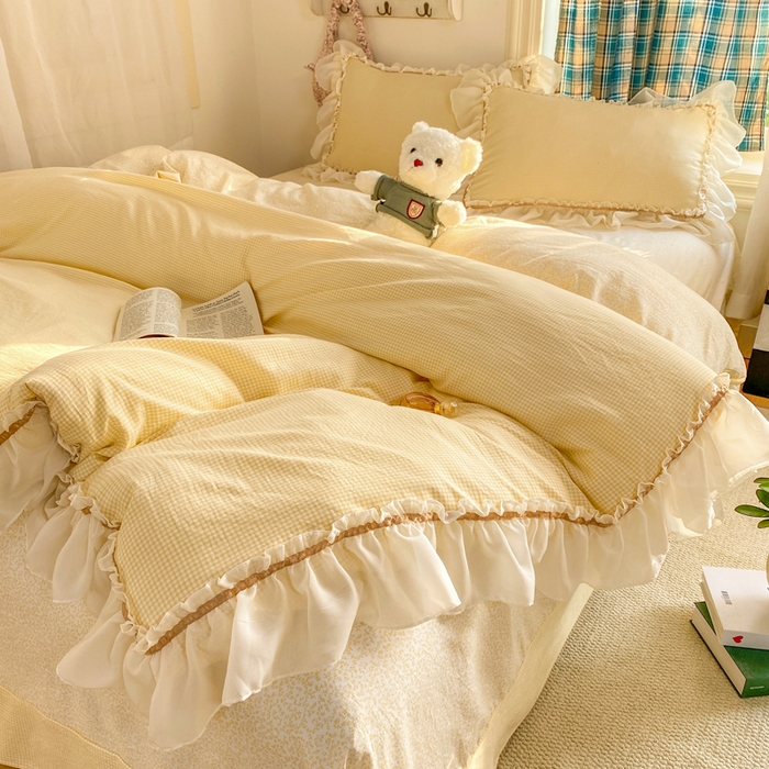 91家纺网 家纺一手货源 找家纺 艺玲家纺 2026新款奶油风韩式云朵棉花边四件套 奶油-黄