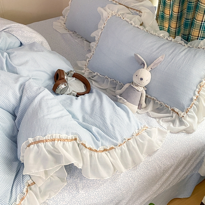 91家纺网 家纺一手货源 找家纺 艺玲家纺 2026新款奶油风韩式云朵棉花边四件套 奶油-蓝