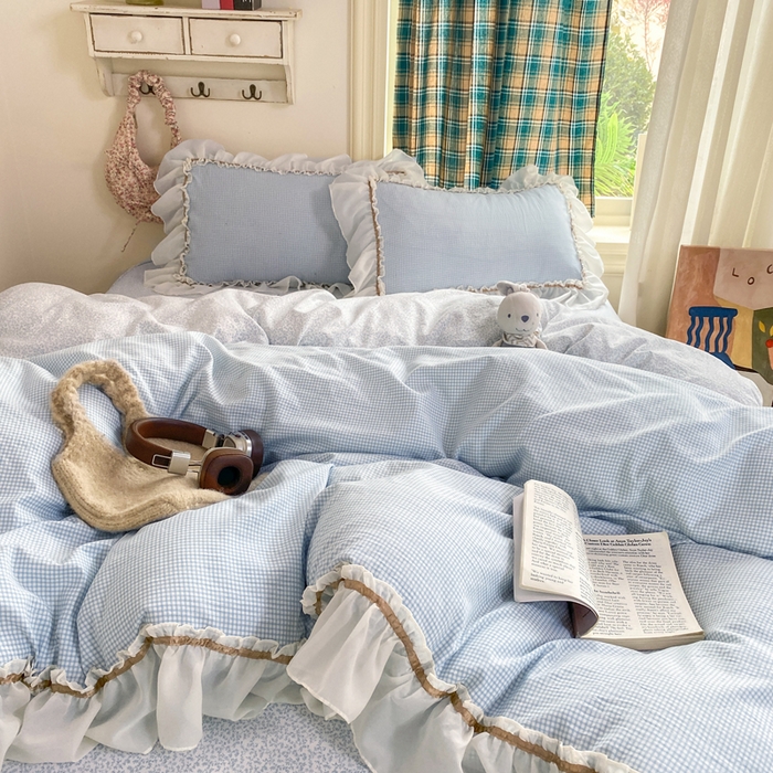 91家纺网 家纺一手货源 找家纺 艺玲家纺 2026新款奶油风韩式云朵棉花边四件套 奶油-蓝