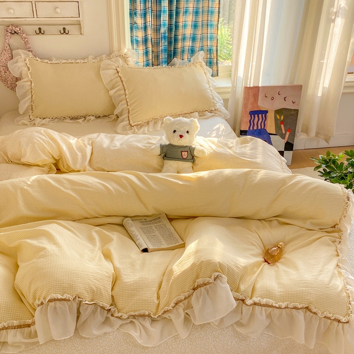 91家纺网 家纺一手货源 找家纺 艺玲家纺 2026新款奶油风韩式云朵棉花边四件套 奶油-黄