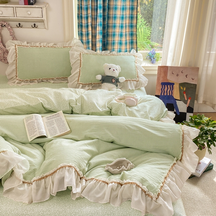 91家纺网 家纺一手货源 找家纺 艺玲家纺 2026新款奶油风韩式云朵棉花边四件套 奶油-绿