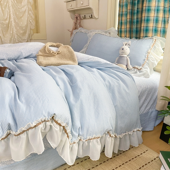 91家纺网 家纺一手货源 找家纺 艺玲家纺 2026新款奶油风韩式云朵棉花边四件套 奶油-蓝