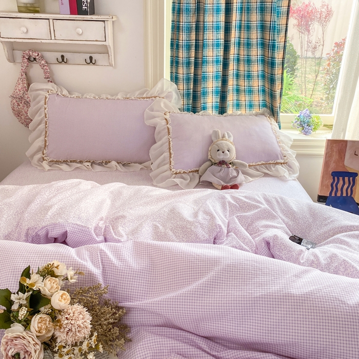 91家纺网 家纺一手货源 找家纺 艺玲家纺 2026新款奶油风韩式云朵棉花边四件套 奶油-紫