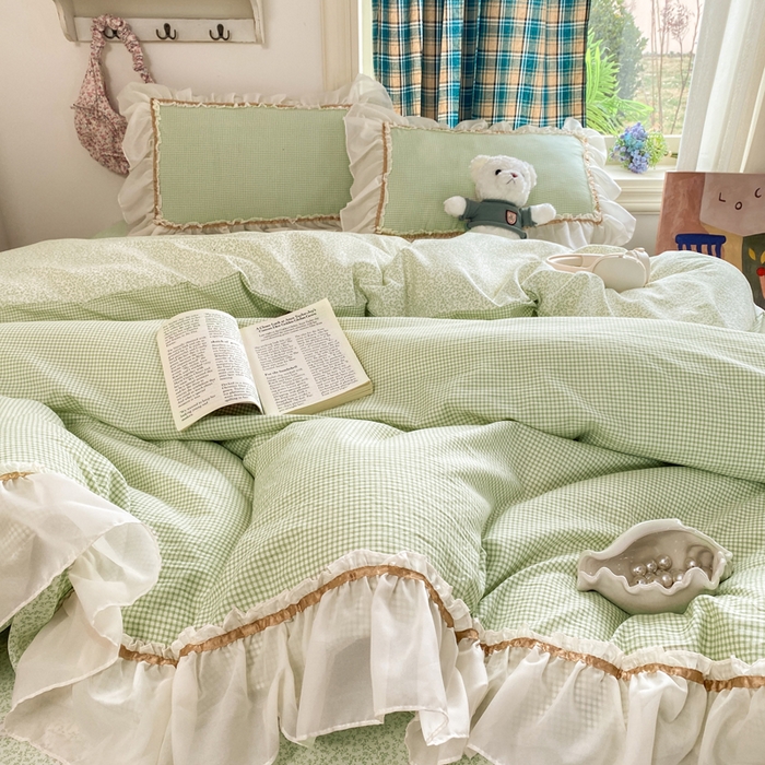 91家纺网 家纺一手货源 找家纺 艺玲家纺 2026新款奶油风韩式云朵棉花边四件套 奶油-绿