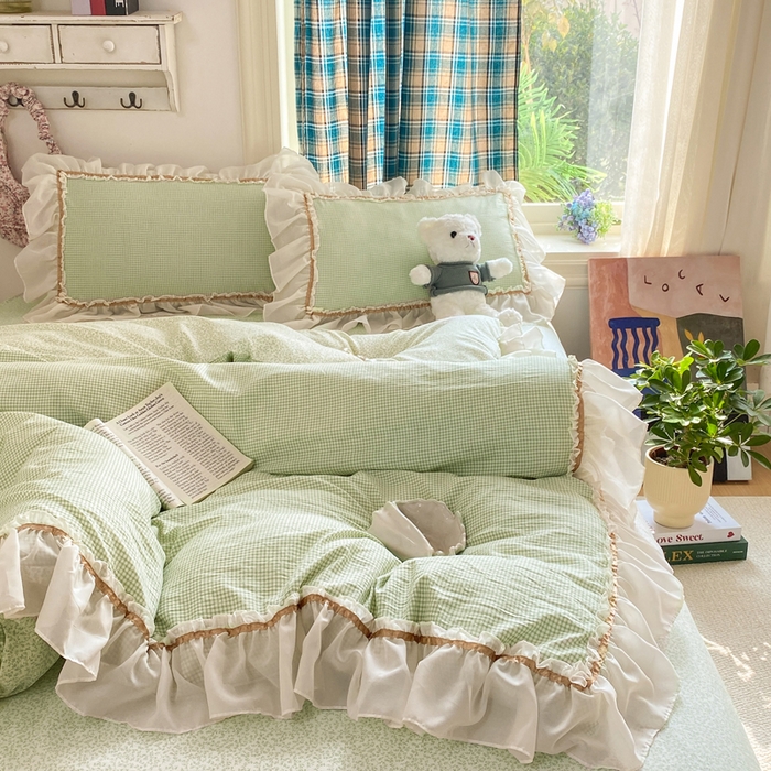 91家纺网 家纺一手货源 找家纺 艺玲家纺 2026新款奶油风韩式云朵棉花边四件套 奶油-绿