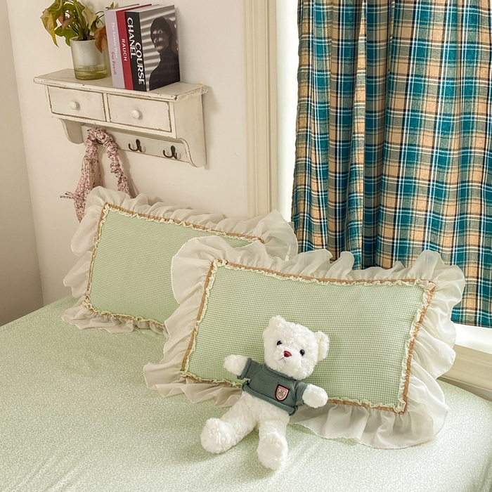 91家纺网 家纺一手货源 找家纺 艺玲家纺 2026新款奶油风韩式云朵棉花边四件套 奶油-绿