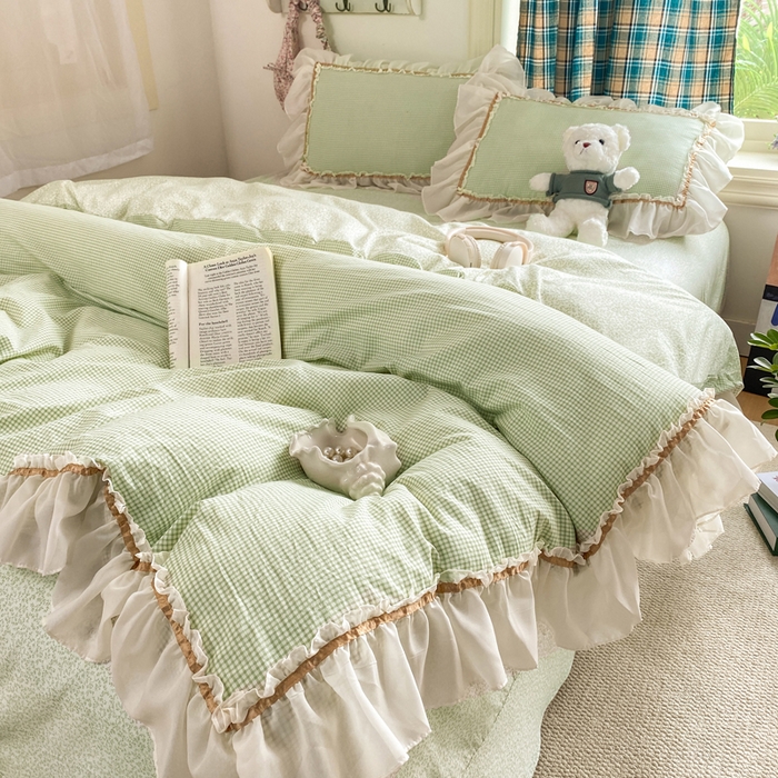 91家纺网 家纺一手货源 找家纺 艺玲家纺 2026新款奶油风韩式云朵棉花边四件套 奶油-绿