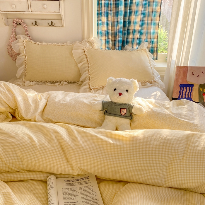 91家纺网 家纺一手货源 找家纺 艺玲家纺 2026新款奶油风韩式云朵棉花边四件套 奶油-黄