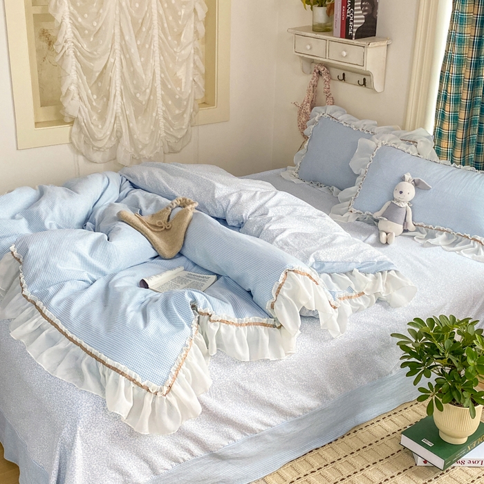 91家纺网 家纺一手货源 找家纺 艺玲家纺 2026新款奶油风韩式云朵棉花边四件套 奶油-蓝