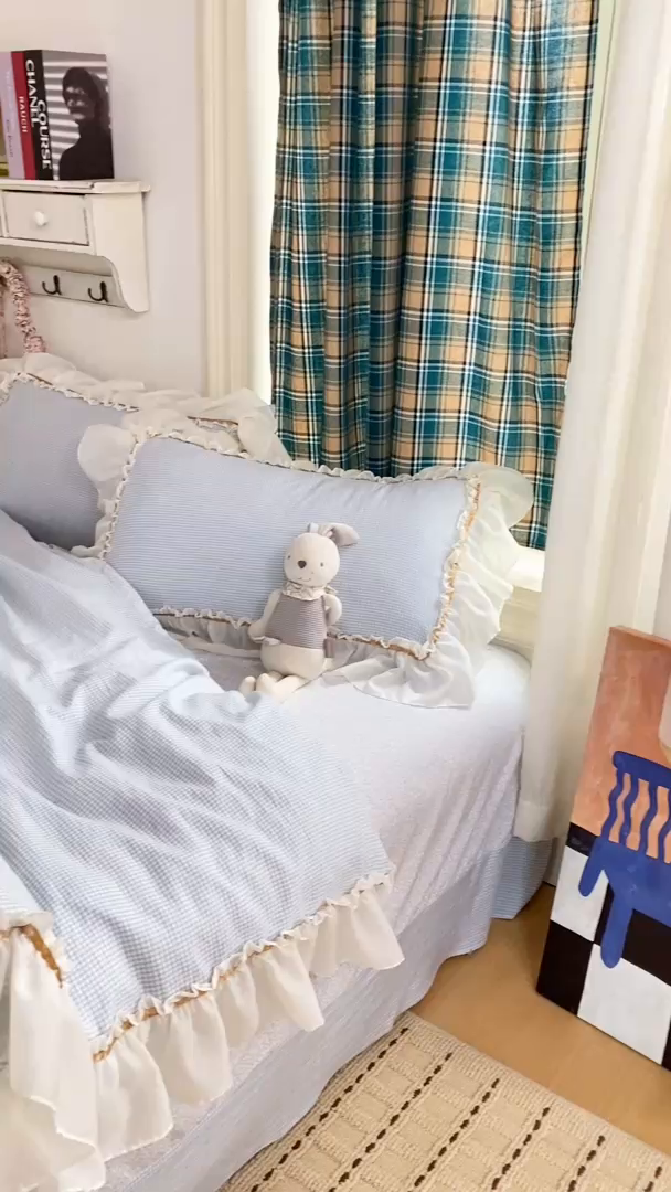 91家纺网 家纺一手货源 找家纺 艺玲家纺 2026新款奶油风韩式云朵棉花边四件套 奶油-蓝