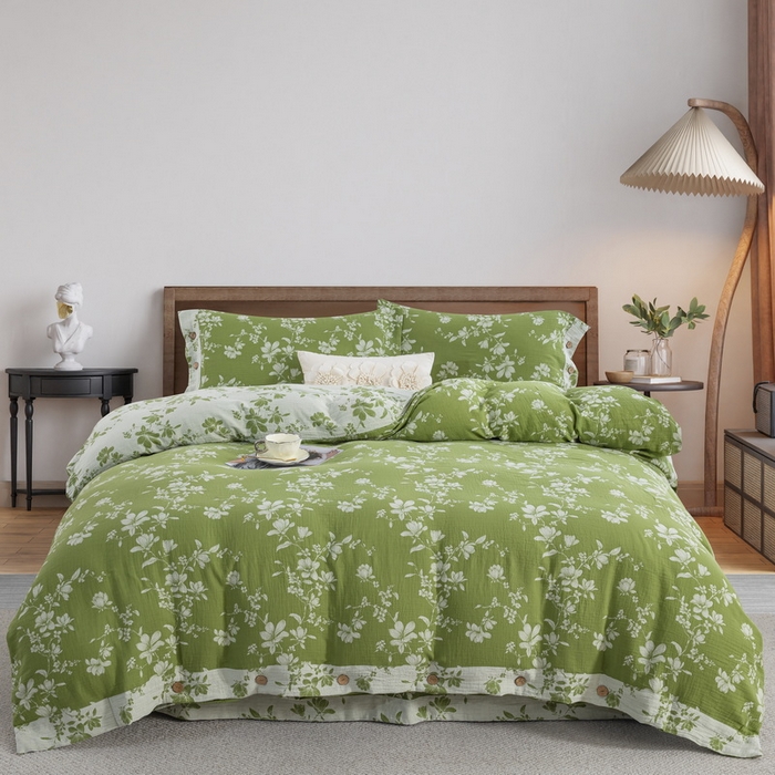 91家纺网 家纺一手货源 找家纺 （总）仰望棉麻双层纱供应链 2026新款扶摇小清新风全棉纯棉色织提花双层纱纽扣款四件套