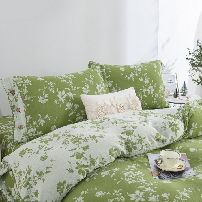 91家纺网 家纺一手货源 找家纺 仰望棉麻双层纱供应链 2026新款扶摇小清新风全棉纯棉色织提花双层纱纽扣款四件套 扶摇-薄荷绿