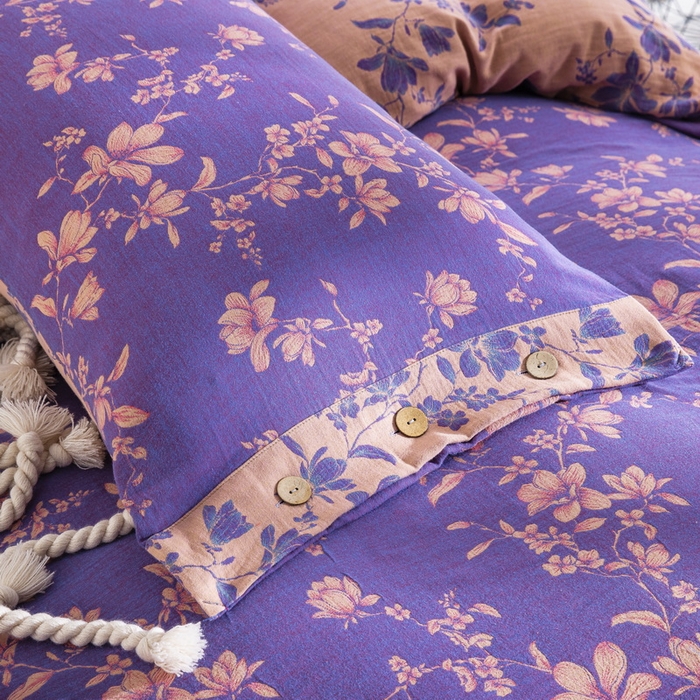 91家纺网 家纺一手货源 找家纺 仰望棉麻双层纱供应链 2026新款扶摇小清新风全棉纯棉色织提花双层纱纽扣款四件套 扶摇-紫粉