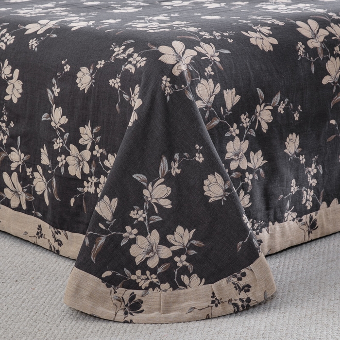 91家纺网 家纺一手货源 找家纺 仰望棉麻双层纱供应链 2026新款扶摇小清新风全棉纯棉色织提花双层纱纽扣款四件套 扶摇-黑云