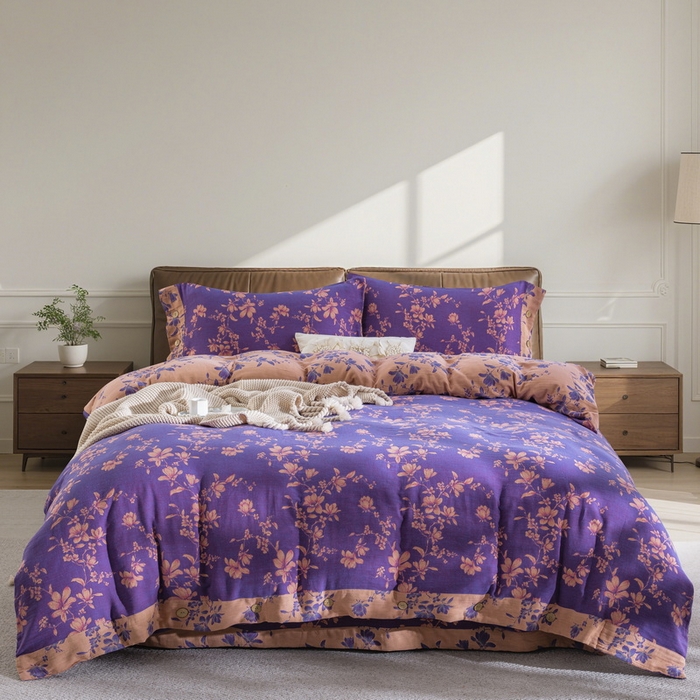 仰望棉麻双层纱供应链 2026新款扶摇小清新风全棉纯棉色织提花双层纱纽扣款四件套 扶摇-紫粉