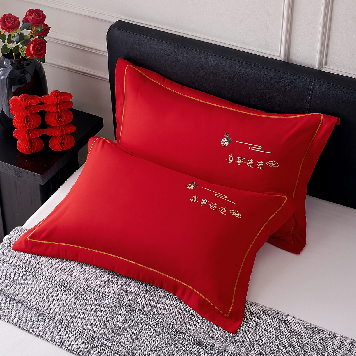 91家纺网 家纺一手货源 找家纺 （总）丰淘家纺 2025新款婚庆结婚磨毛刺绣大红枕套