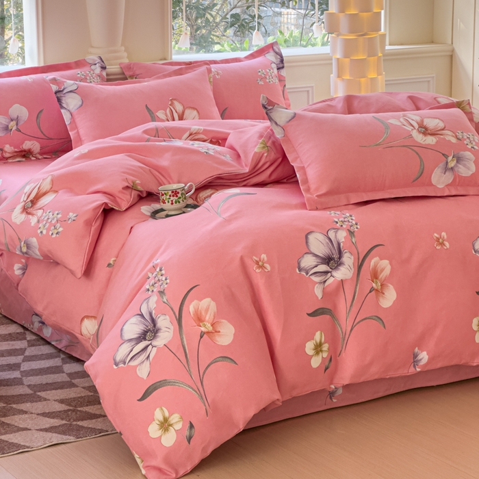 91家纺网 家纺一手货源 找家纺 佑佳2024新款140克磨毛印花植物羊绒四件套直播 那时花开-粉