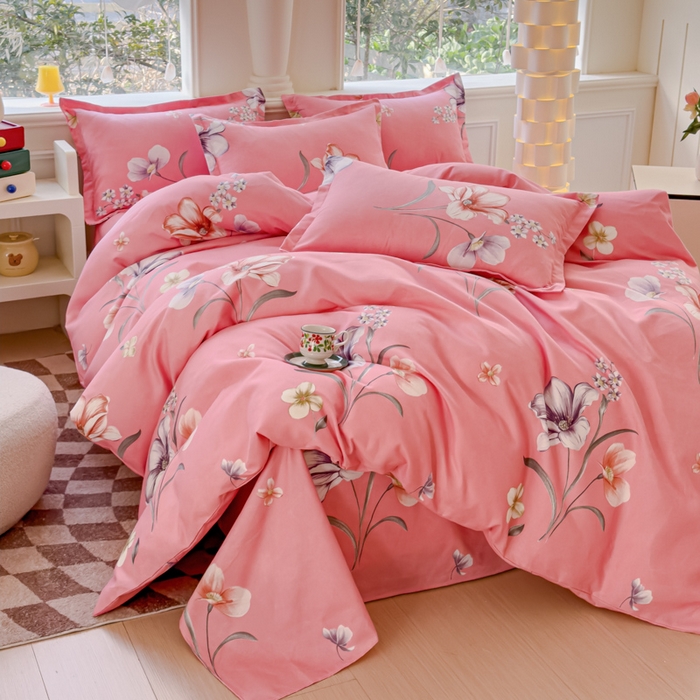 91家纺网 家纺一手货源 找家纺 佑佳2024新款140克磨毛印花植物羊绒四件套直播 那时花开-粉