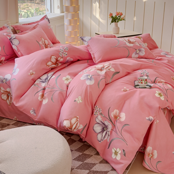 91家纺网 家纺一手货源 找家纺 佑佳2024新款140克磨毛印花植物羊绒四件套直播 那时花开-粉