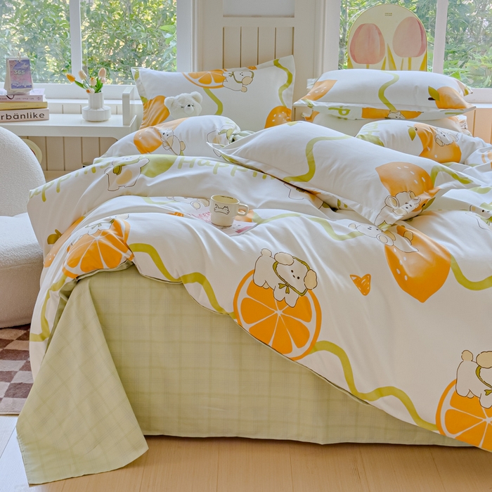 91家纺网 家纺一手货源 找家纺 佑佳2024新款140克磨毛印花植物羊绒四件套直播 柠檬熊