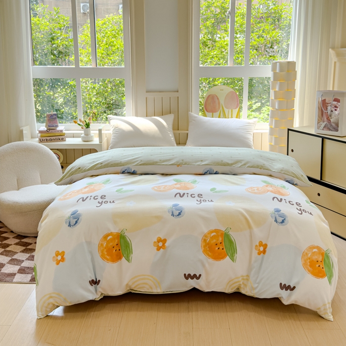 91家纺网 家纺一手货源 找家纺 佑佳2024新款140克磨毛印花植物羊绒四件套直播 甜橙-兰