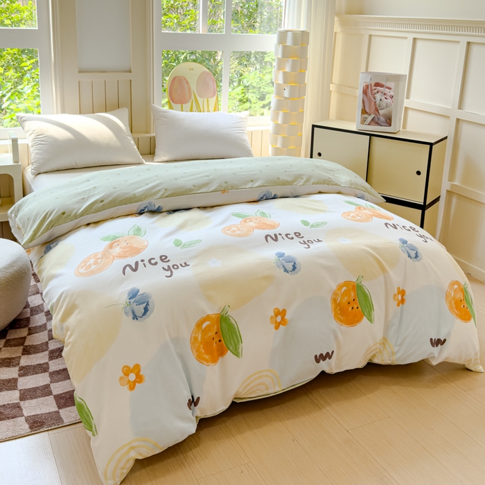 91家纺网 家纺一手货源 找家纺 佑佳2024新款140克磨毛印花植物羊绒四件套直播 甜橙-兰