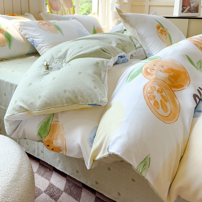 91家纺网 家纺一手货源 找家纺 佑佳2024新款140克磨毛印花植物羊绒四件套直播 甜橙-兰