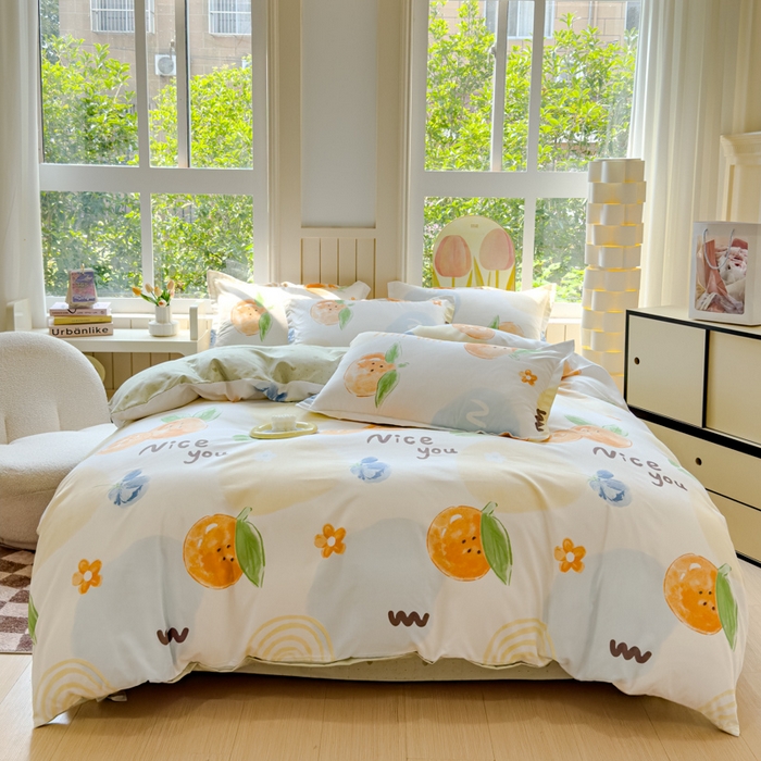 佑佳2024新款140克磨毛印花植物羊绒四件套直播 甜橙-兰