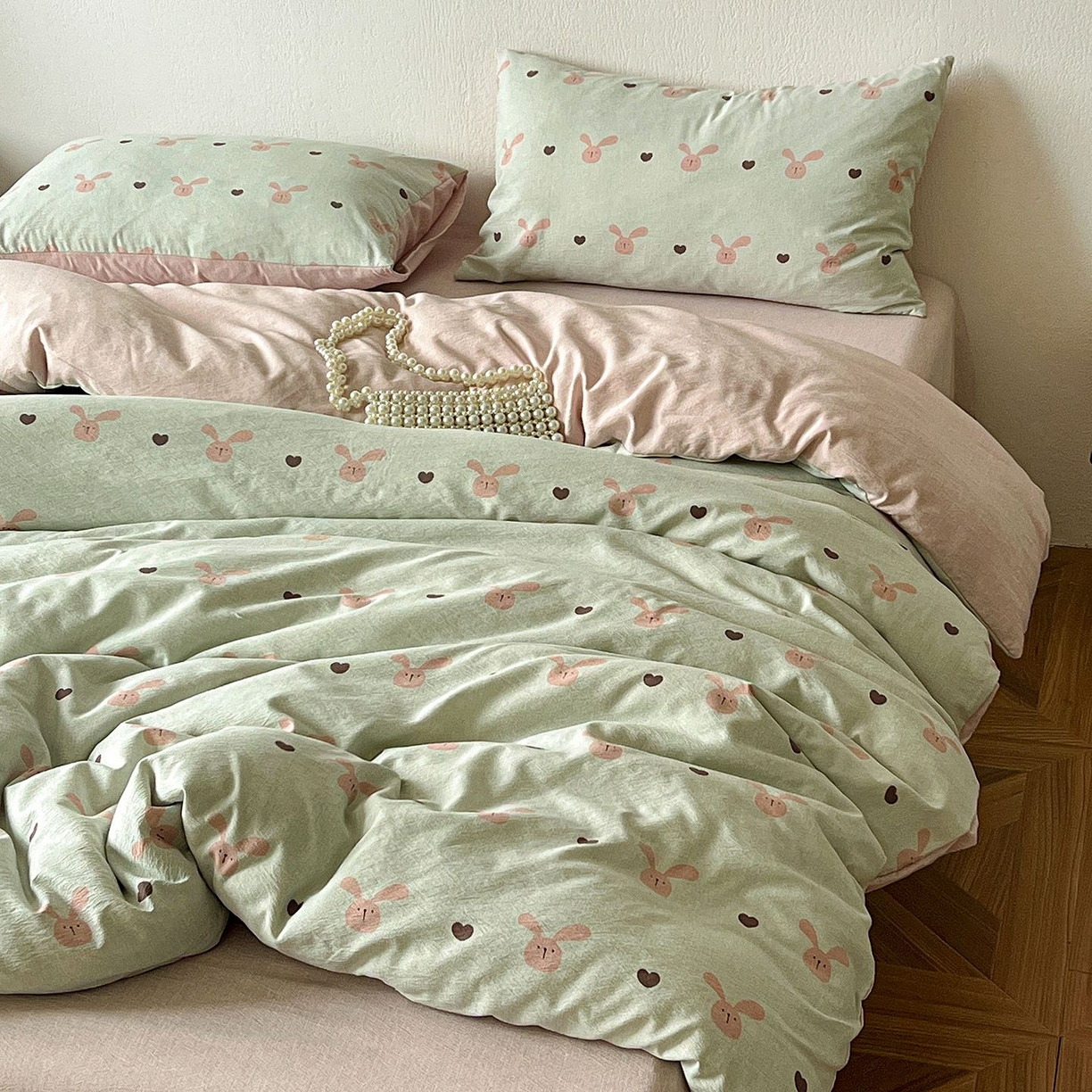 91家纺网 家纺一手货源 找家纺 恋之语 2026新款水洗色织提花工艺系列四件套（量大从优） 萌萌兔