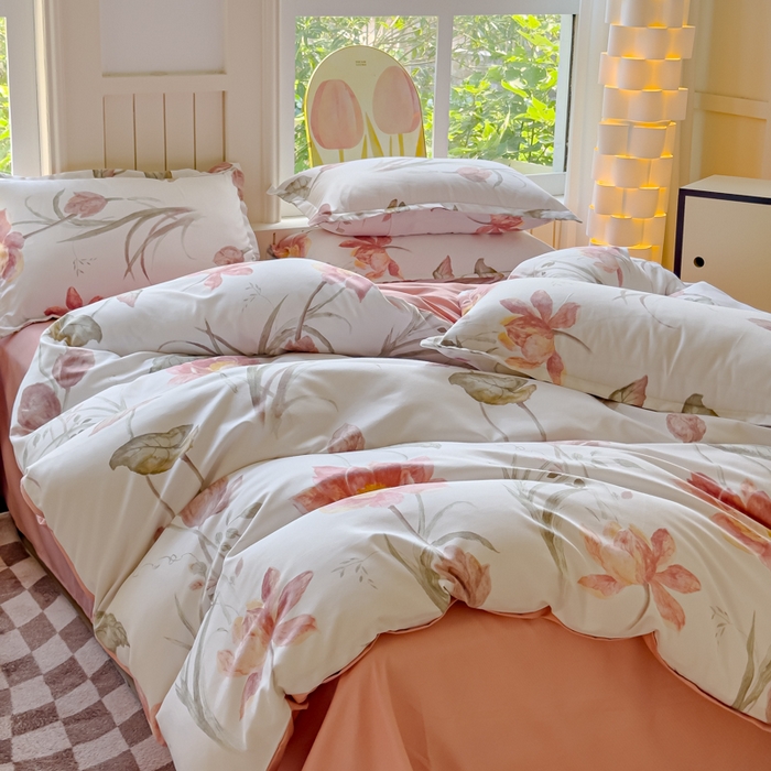 91家纺网 家纺一手货源 找家纺 佑佳2024新款140克磨毛印花植物羊绒四件套直播 月下荷塘