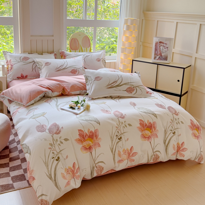 91家纺网 家纺一手货源 找家纺 佑佳2024新款140克磨毛印花植物羊绒四件套直播 月下荷塘