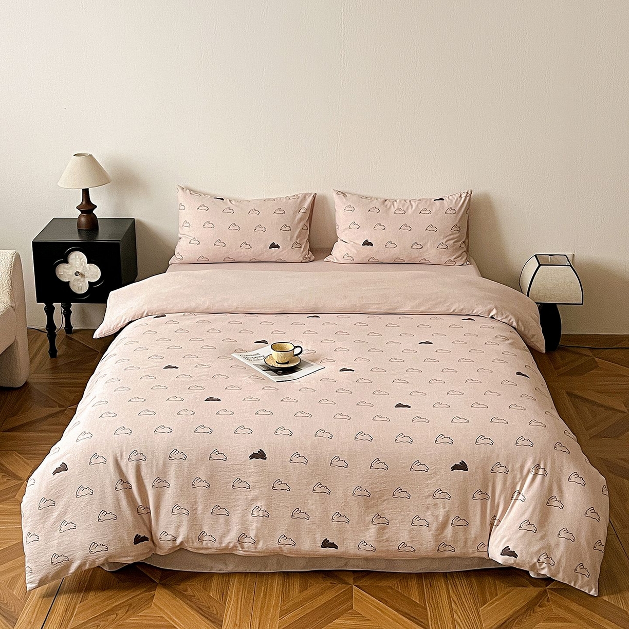 恋之语 2026新款水洗色织提花工艺系列四件套（量大从优） 蘑菇兔-粉