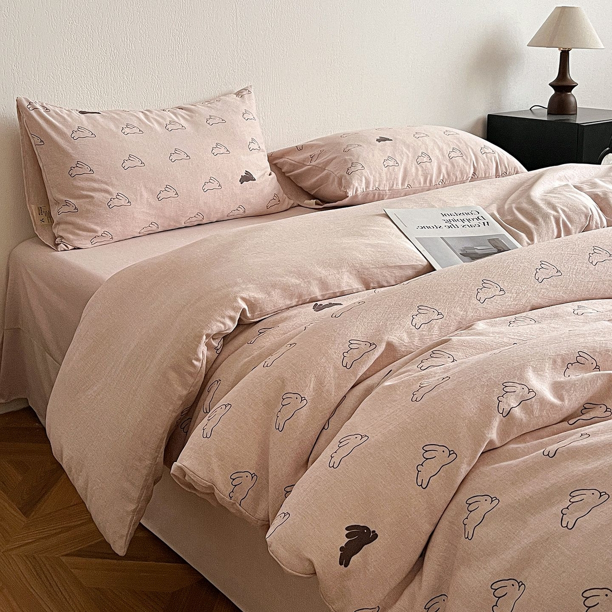 91家纺网 家纺一手货源 找家纺 恋之语 2026新款水洗色织提花工艺系列四件套（量大从优） 蘑菇兔-粉