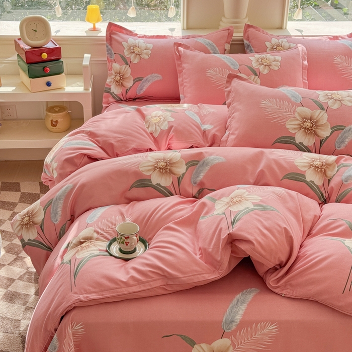 91家纺网 家纺一手货源 找家纺 佑佳2024新款140克磨毛印花植物羊绒四件套直播 醉恋一生-粉